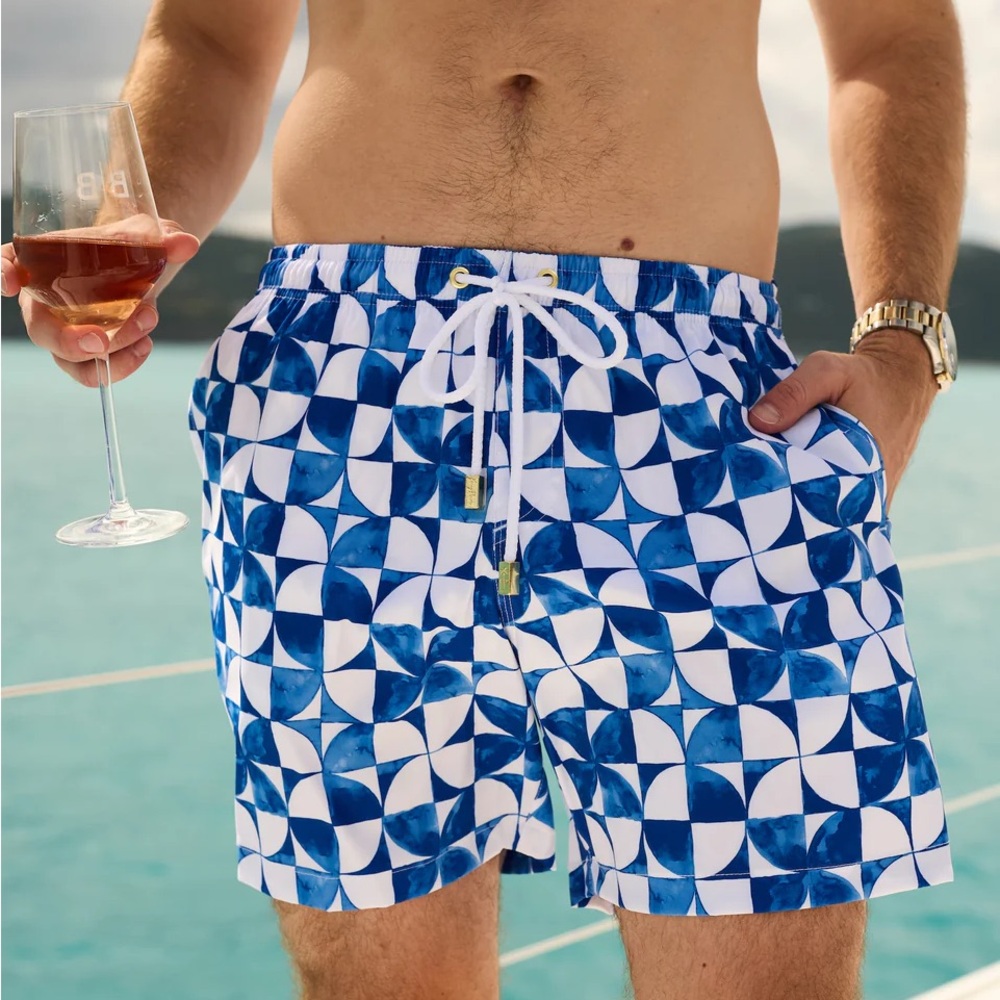 Kenny Flowers Blue and White Geometric Swim Trunks